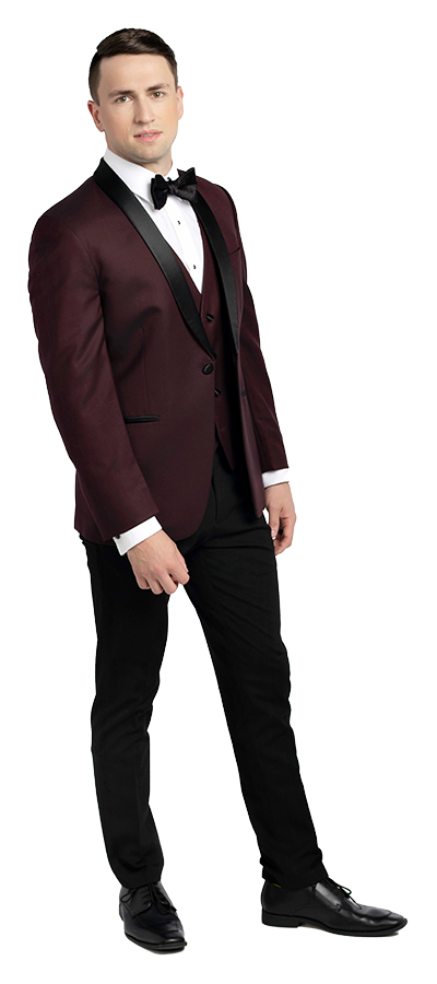 Front view of the Camden Burgundy Jacket with Black Pants