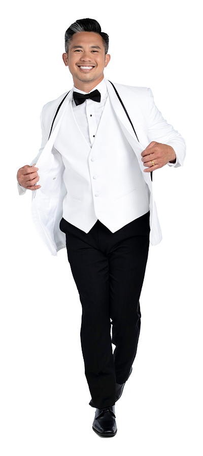 White Calypso Jacket with black labe, white vest and black pants
