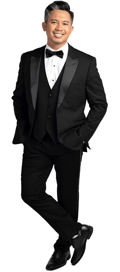 Front view of the Dawson Peak Black Tuxedo shown with a black bow tie and white shirt