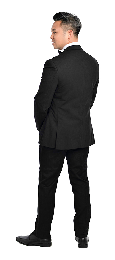 Back view of the Dawson Peak Black Tuxedo shown with a black bow tie and white shirt