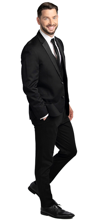 Right side view of the Black Desire Tuxedo with a satin lapel