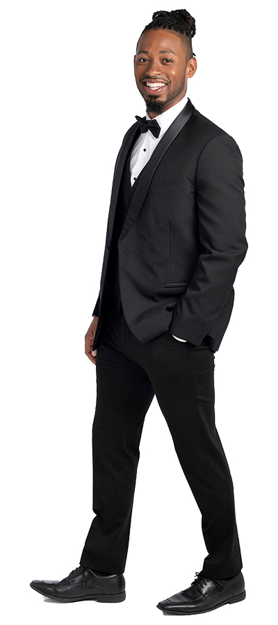 Left side view of the Shawl Black Tuxedo with Satin Lapel