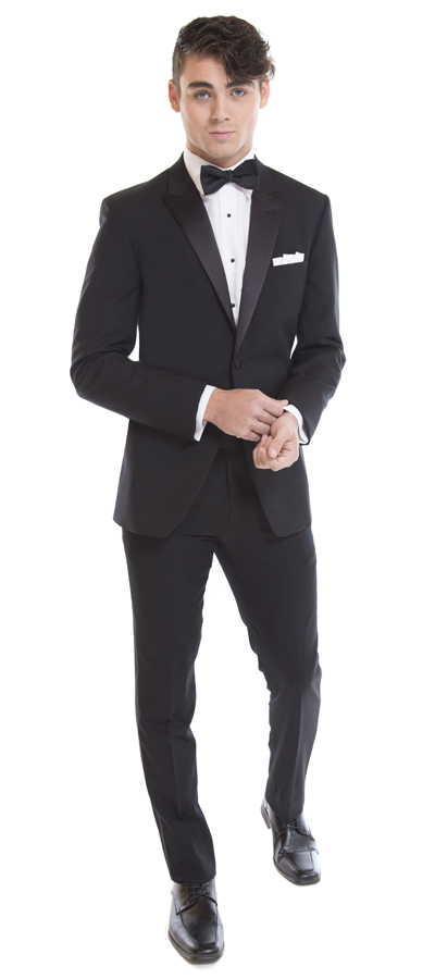 Front view of the one button black notch Tuxedo