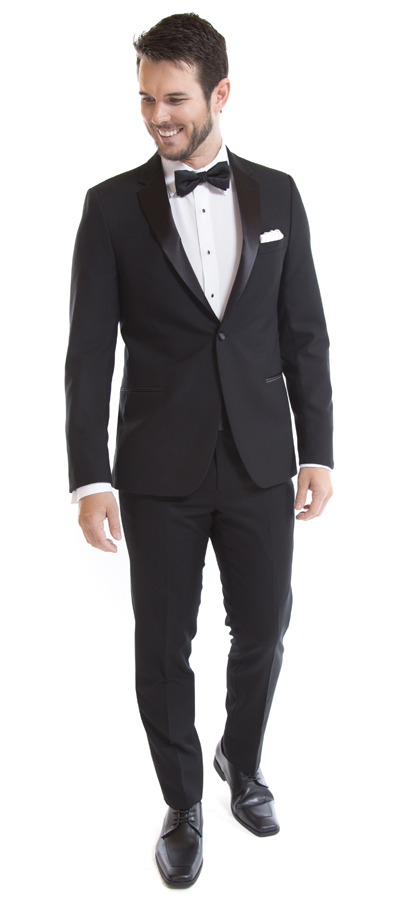 Front view of the one button black notch Tuxedo