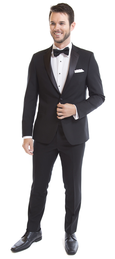 Left view of the one button black notch Tuxedo