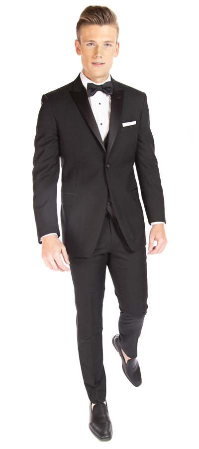 Front view of the one button black peak Tuxedo