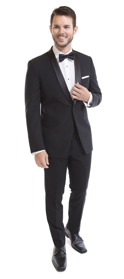 Front view of the one button Shawl Black Tuxedo